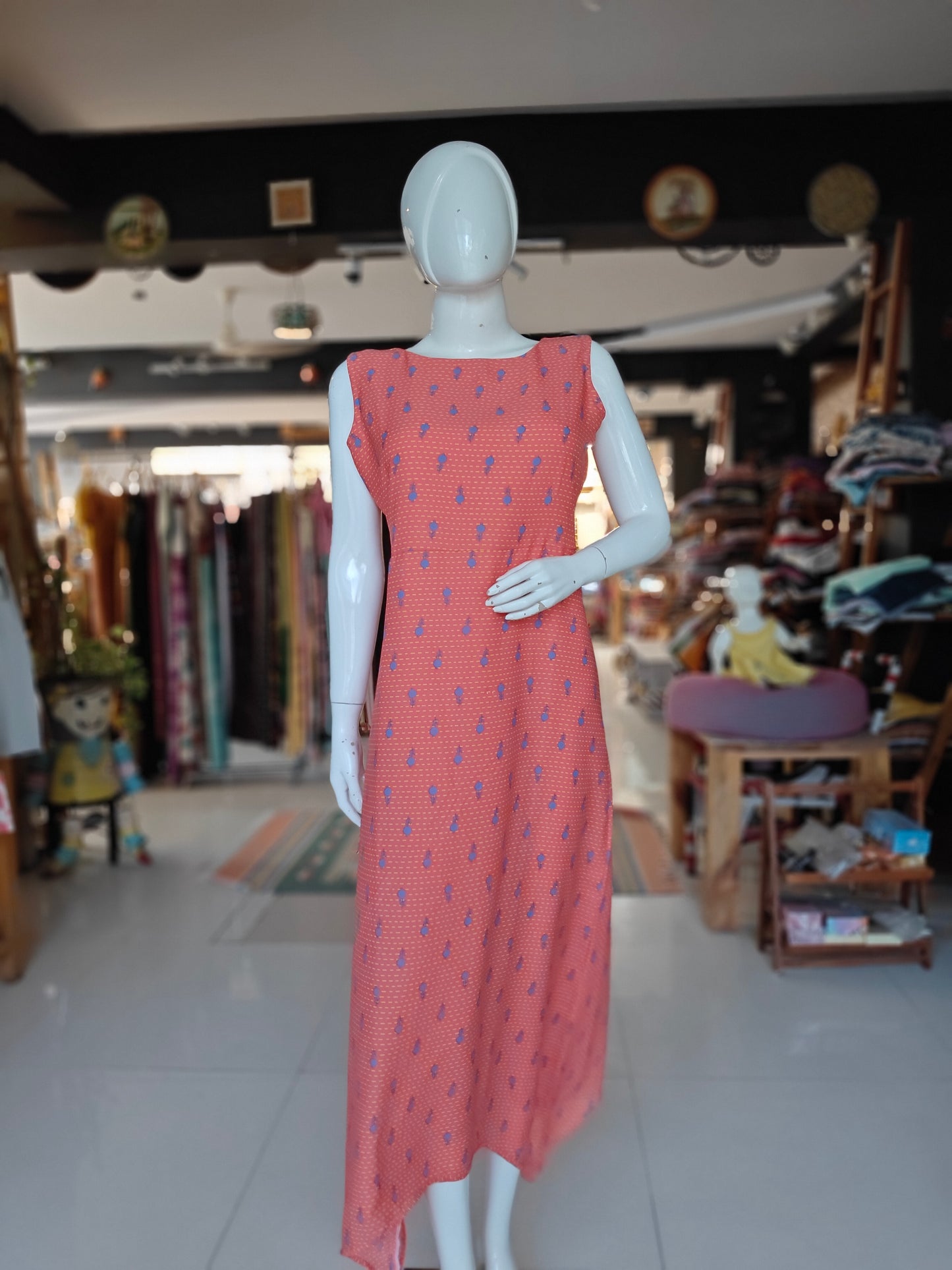 Peach with blue floral prints assymetric hem georgette dress