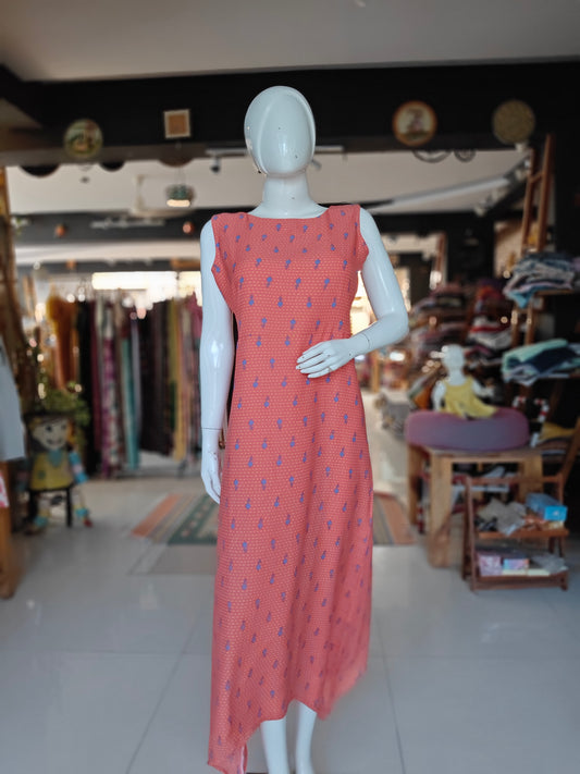 Peach with blue floral prints assymetric hem georgette dress