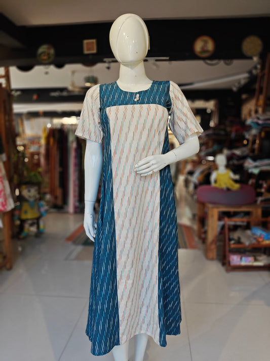 Turquoise and off white ikat cotton dress