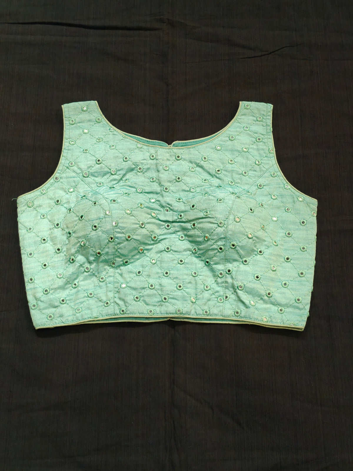 Green raw silk sleeveless blouse with mirror embroidery- back open
