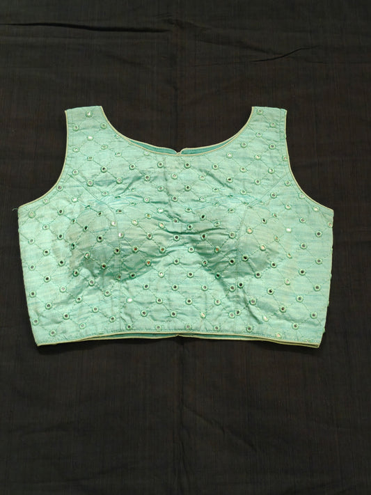 Green raw silk sleeveless blouse with mirror embroidery- back open