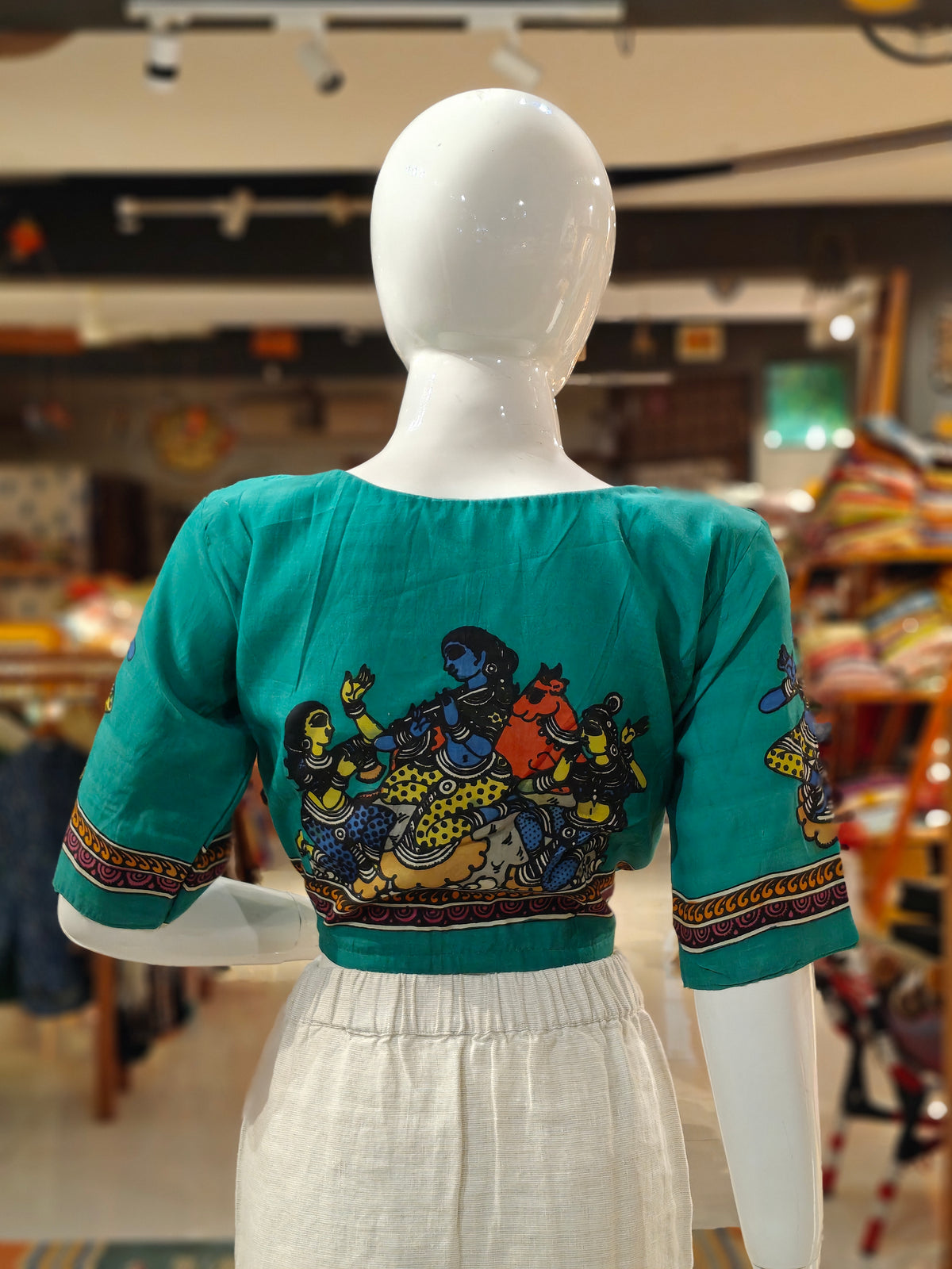 Teal green sleeves n back hand-painted pen kalamkari silk blouse