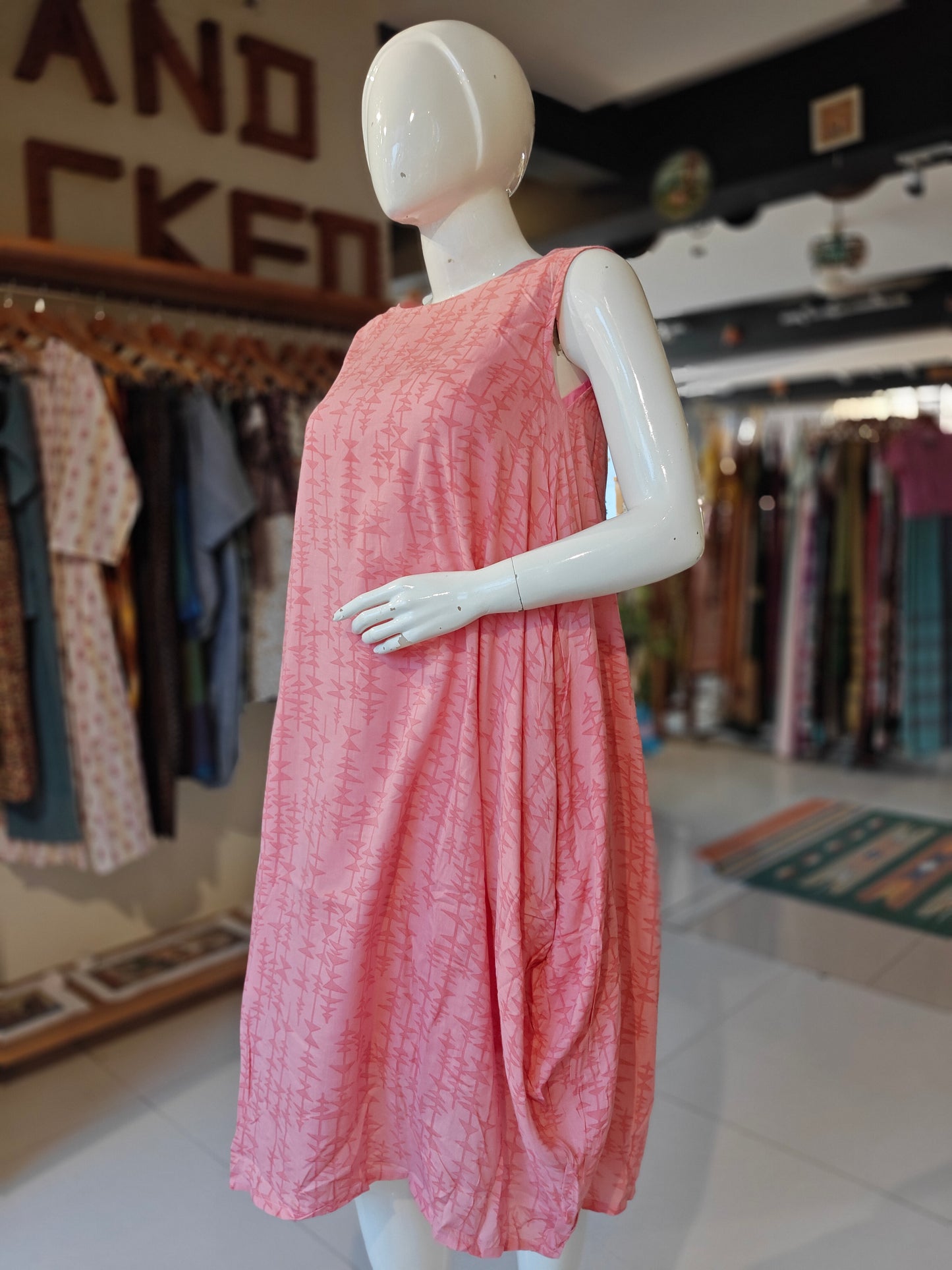 Pink triangles printed side cowl flowy dress