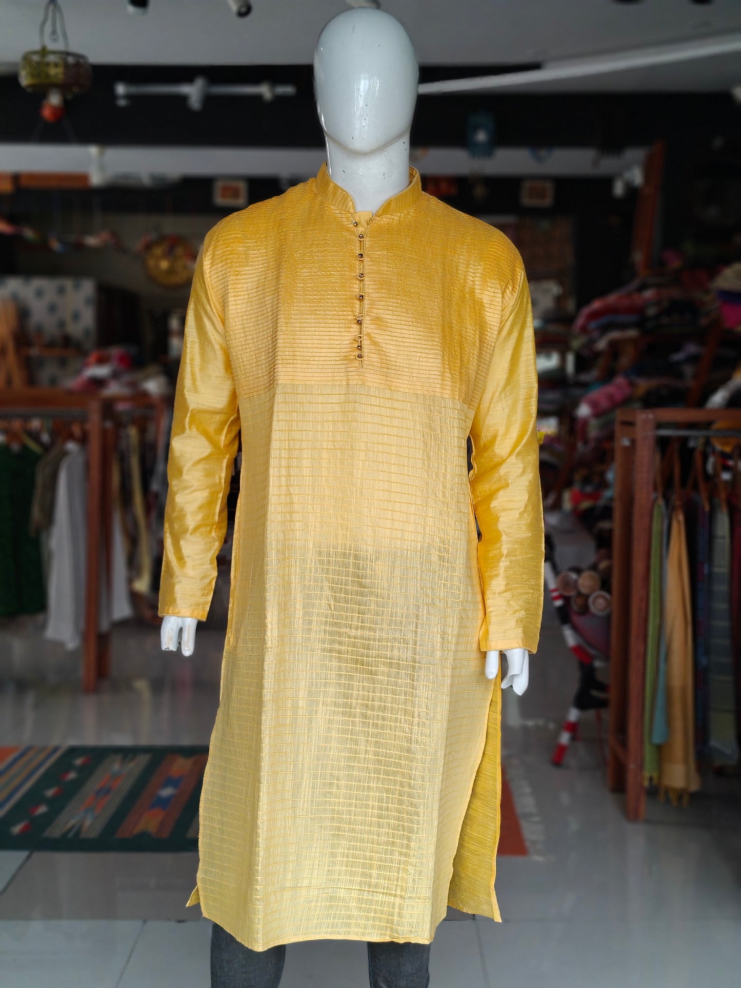Yellow silk pintucks design full sleeves long kurta for men