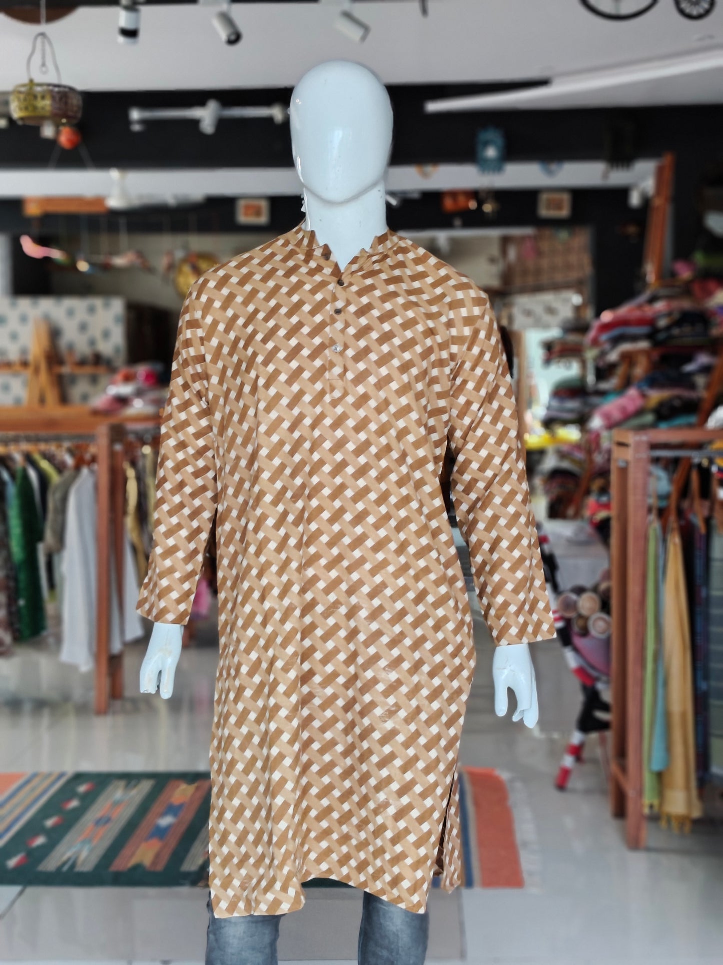 Beige criss cross lattice cotton full sleeves long kurta for men