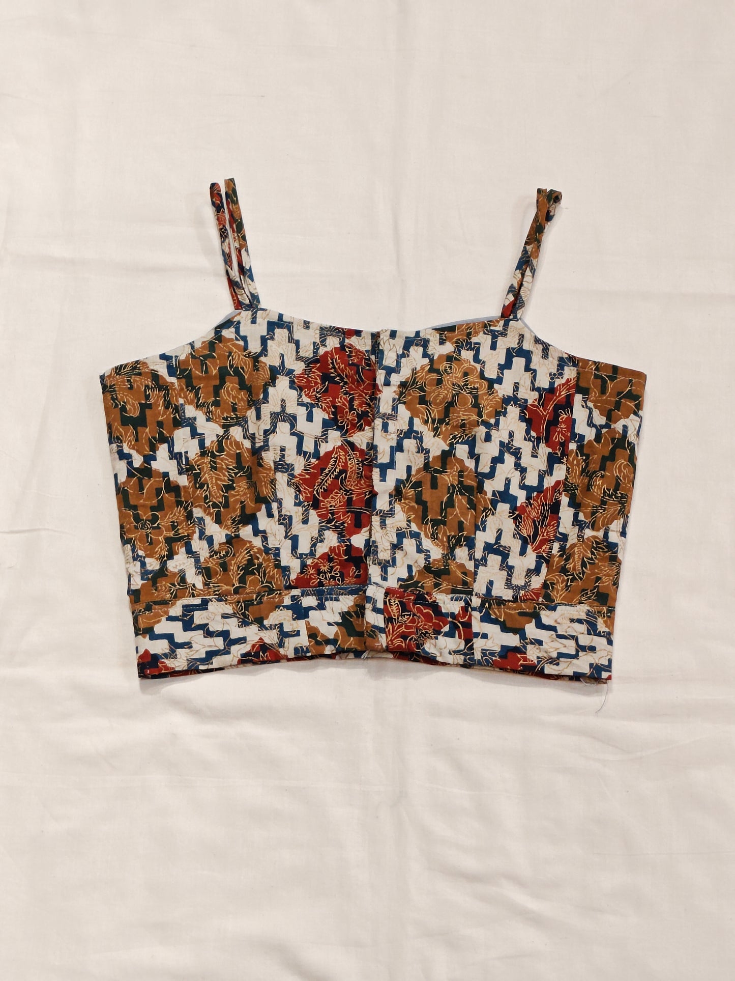 Red, brown and blue geometric patterned , hand block printed strappy cotton blouse