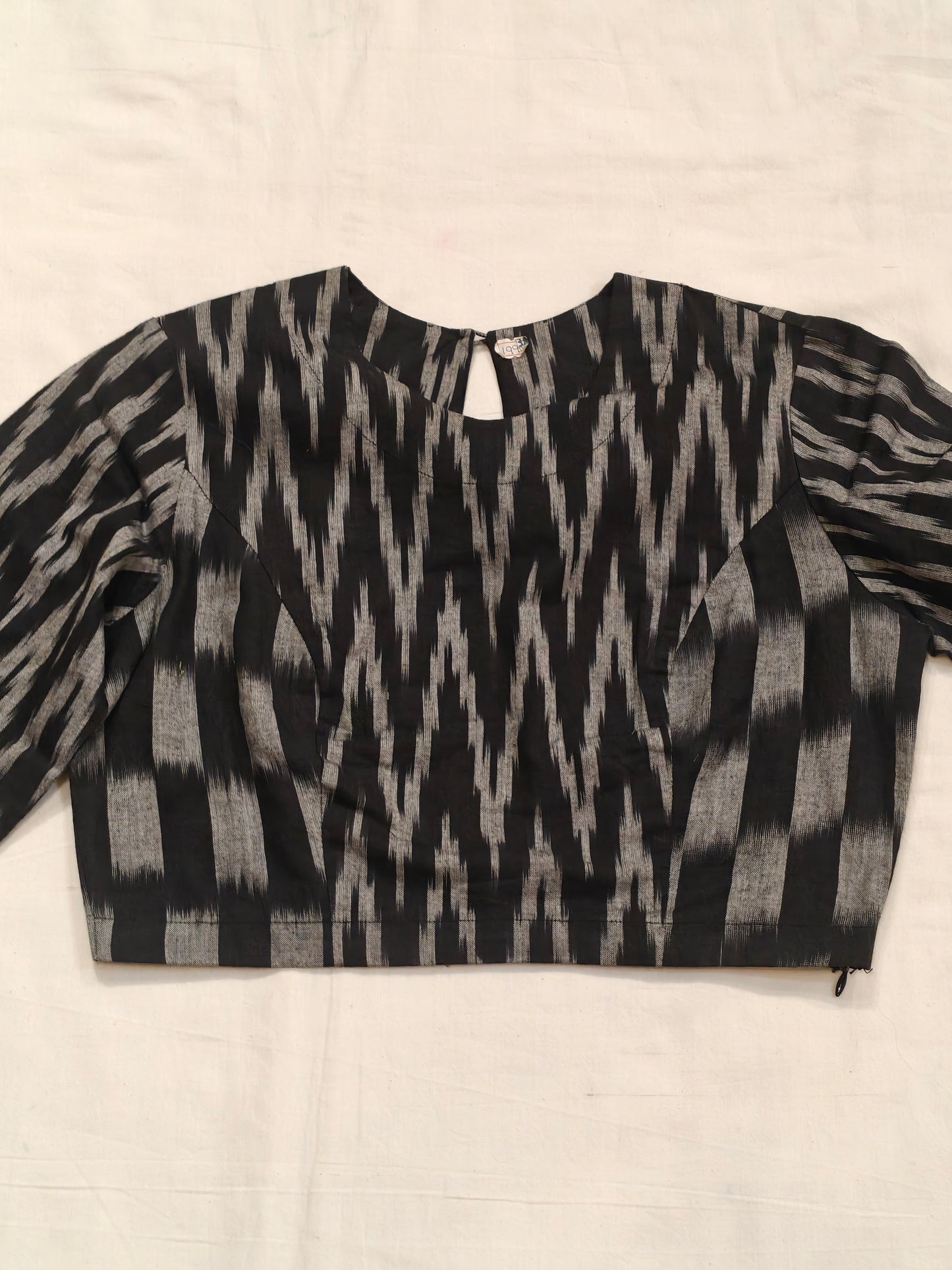 Black n grey ikat elbow sleeves handloom cotton crop top / blouse