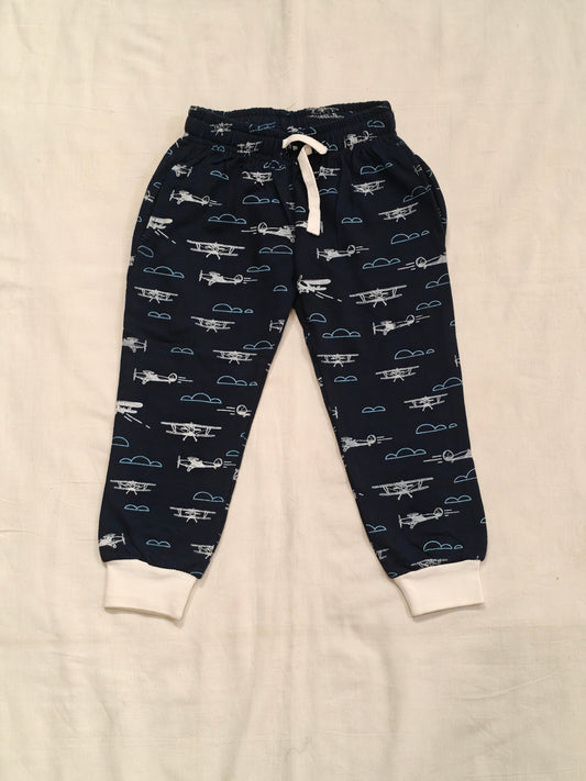 Navy blue cotton jogger pants with Aircrafts print for children