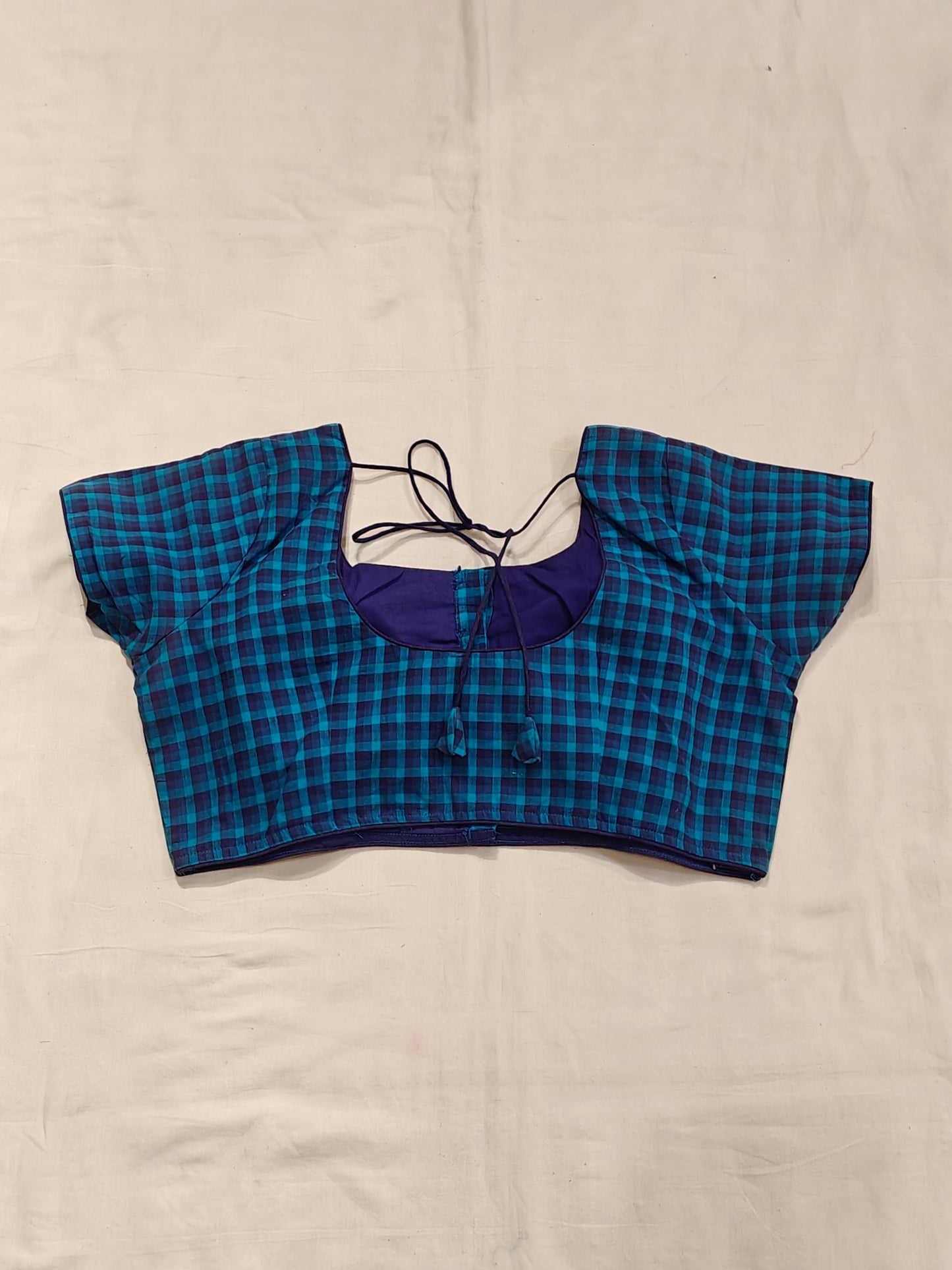 Blue checkered short sleeves handloom cotton blouse