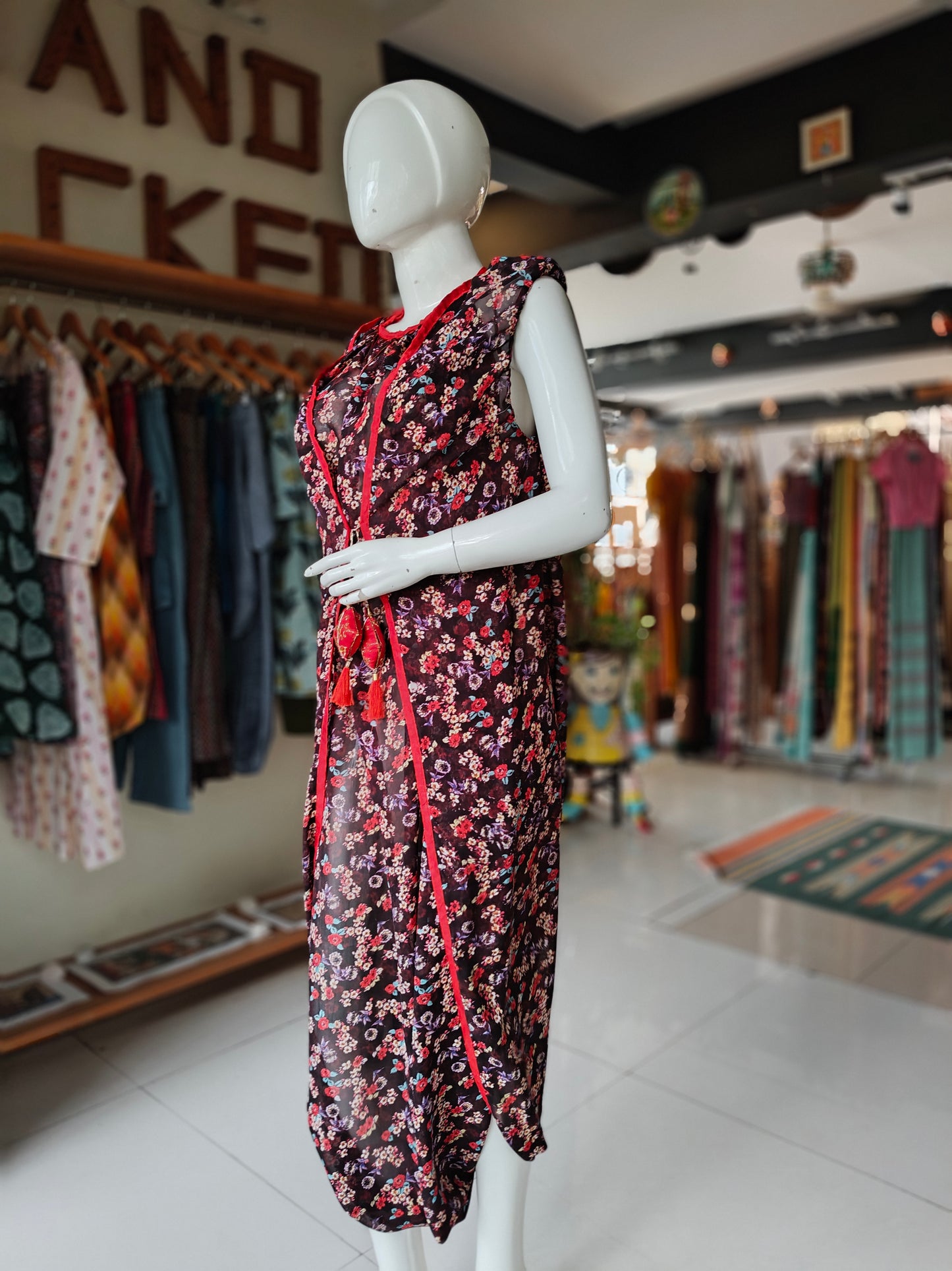 Maroon floral printed georgette wrap style dress with red borders