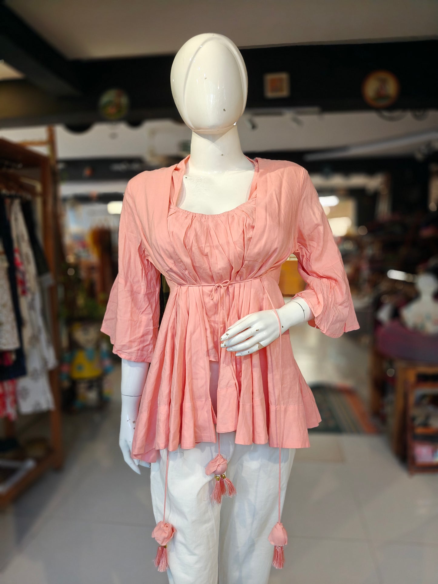 Peach rayon sleeveless elastic neckline crop top with tie up front jacket - 2 piece set
