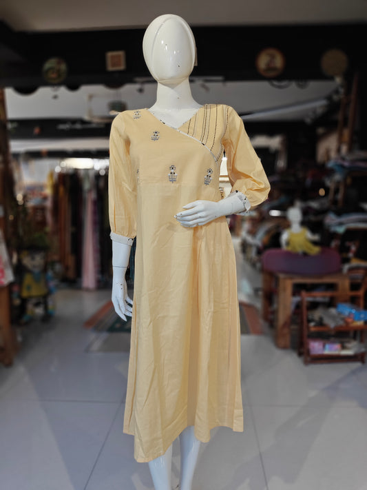 Yellow embroidered flex cotton angrakha style dress