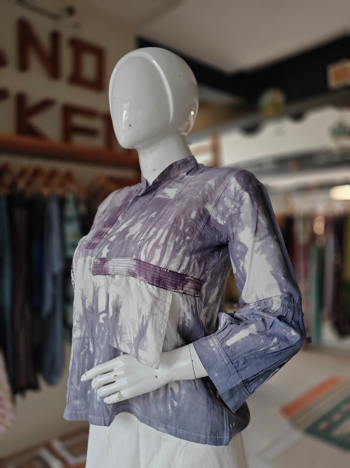 Blue and white tie and dye cotton top with hand embroidery