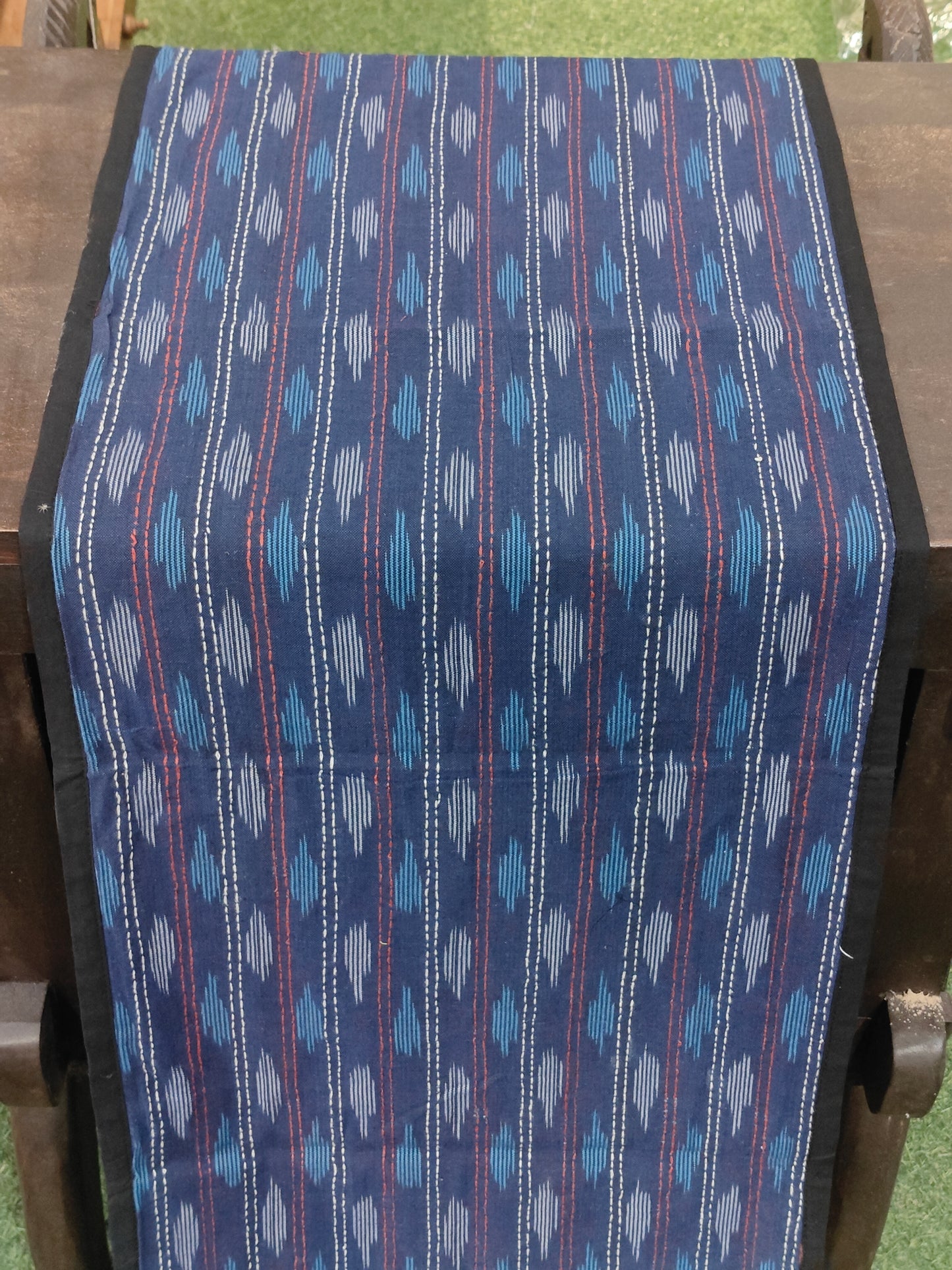 Blue ikat handloom cotton fabric runner with Kantha hand embroidery
