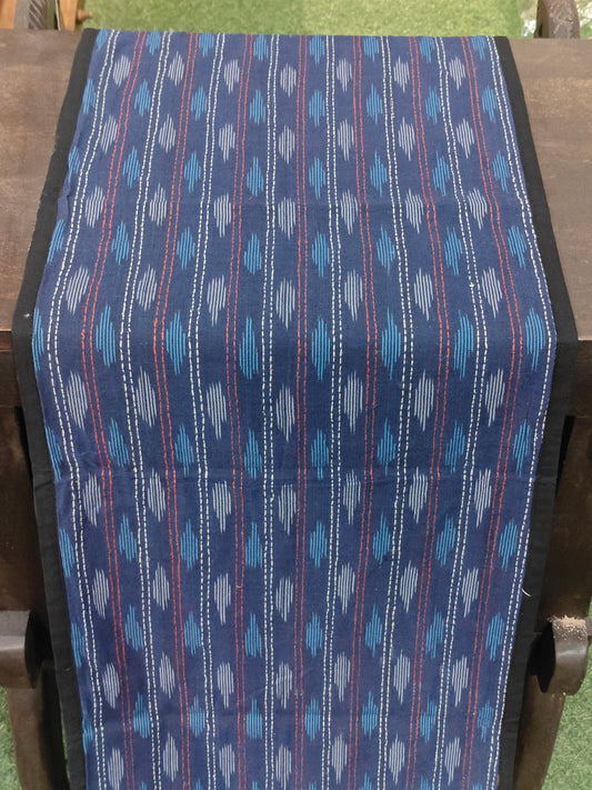 Blue ikat handloom cotton fabric runner with Kantha hand embroidery