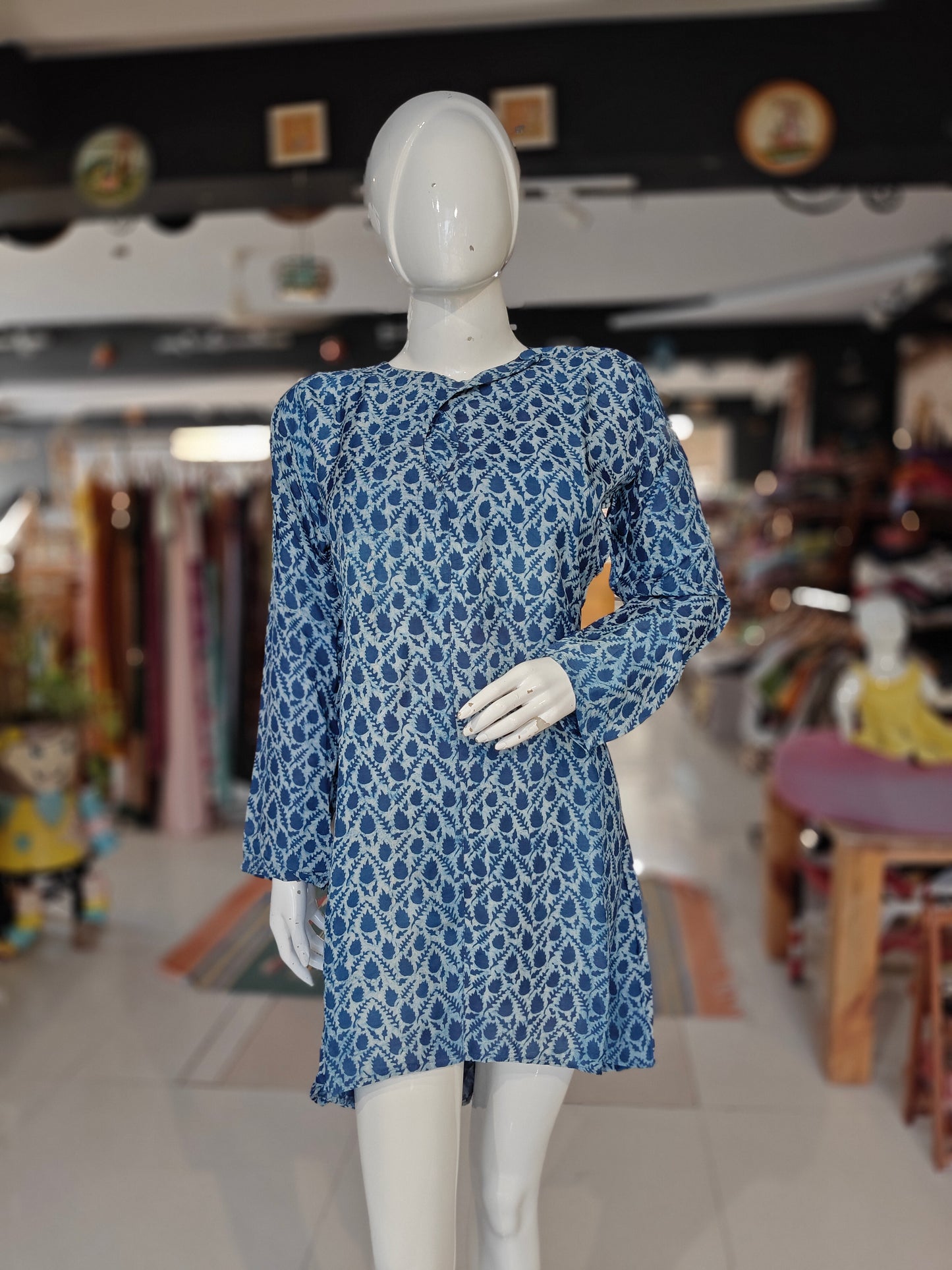 Indigo and white leaves handblock printed modal short dress with full sleeves