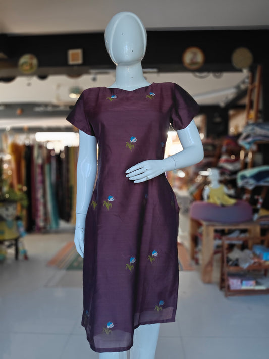Wine handwoven pure silk straight kurti with meenakari flower butis