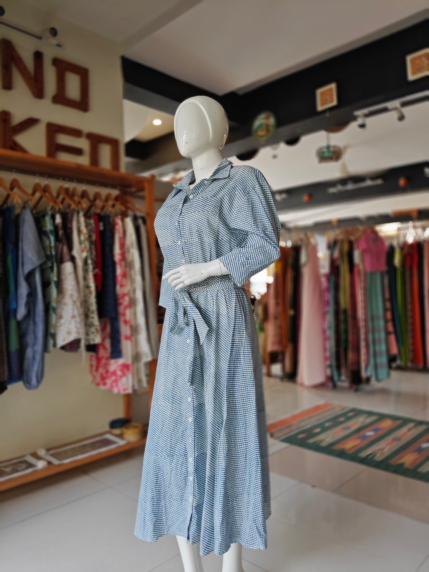 Blue and white checks cotton shirt dress with belted waist and button-down front
