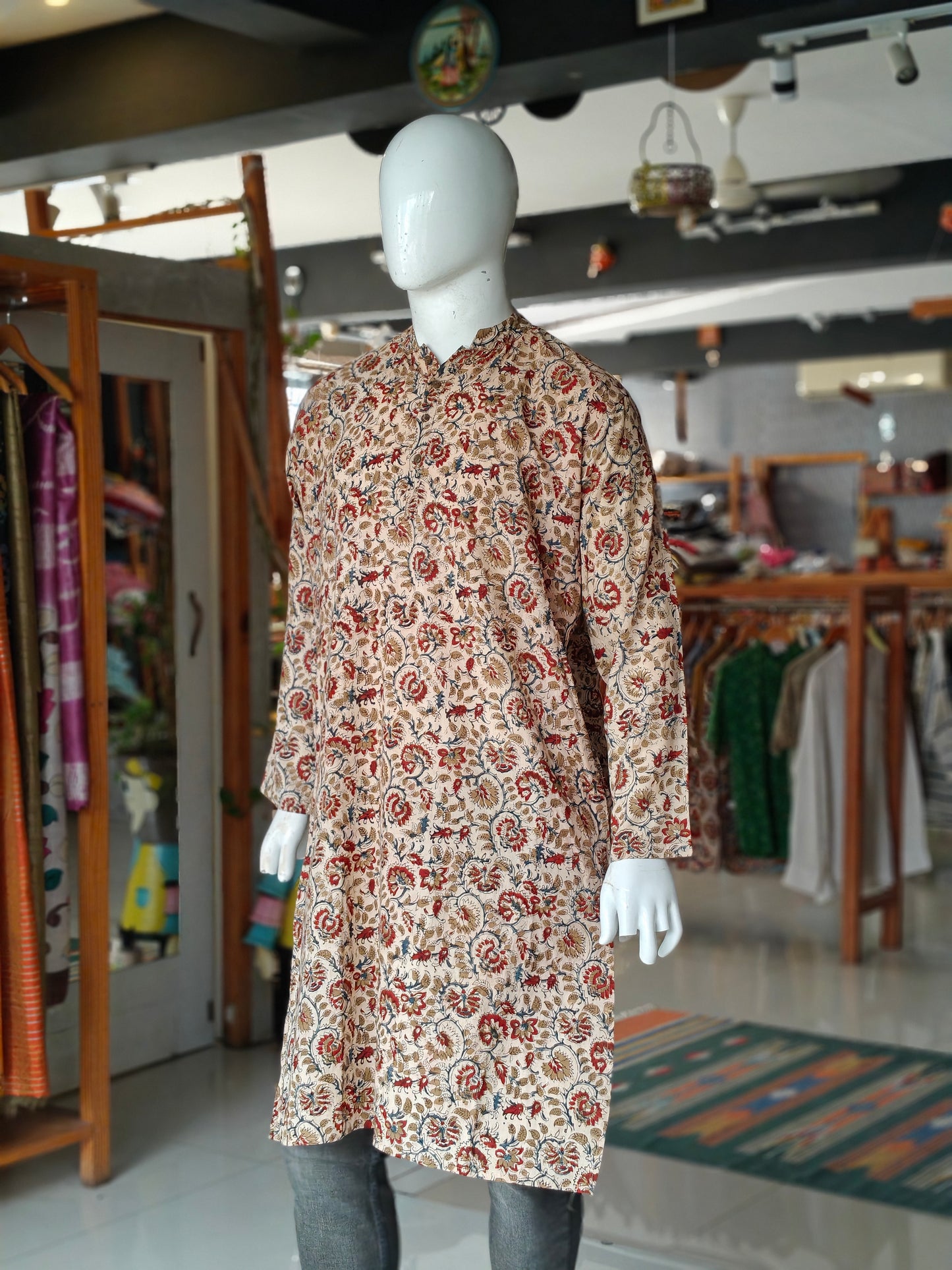 Beige kalamkari cotton full sleeves long kurta for men