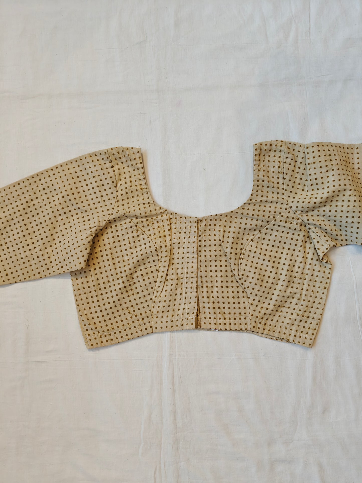 Polka dots on cream base hand block printed cotton elbow sleeves blouse