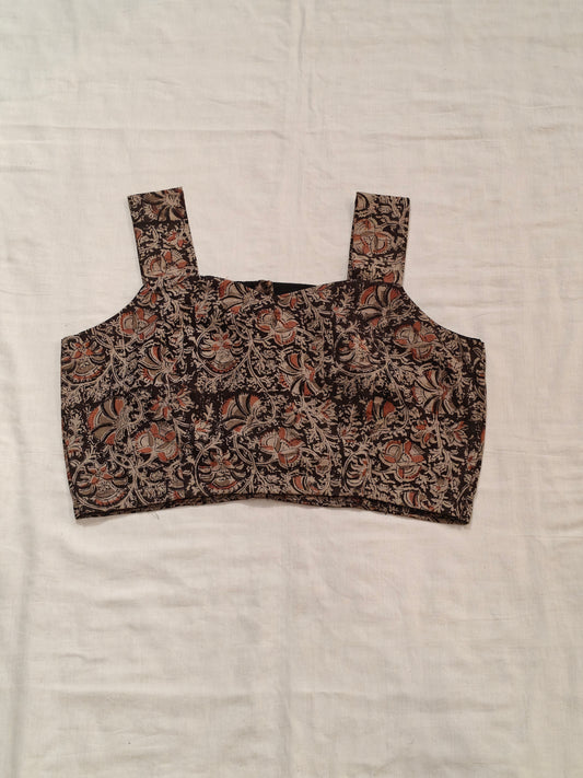 Black and grey floral kalamkari hand block printed floral printed cotton blouse  - back open, sleeveless