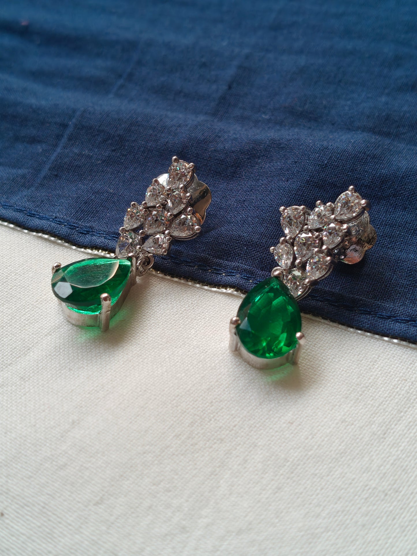 Green and white Swarovski stones drop earrings in 92.5 Sterling silver