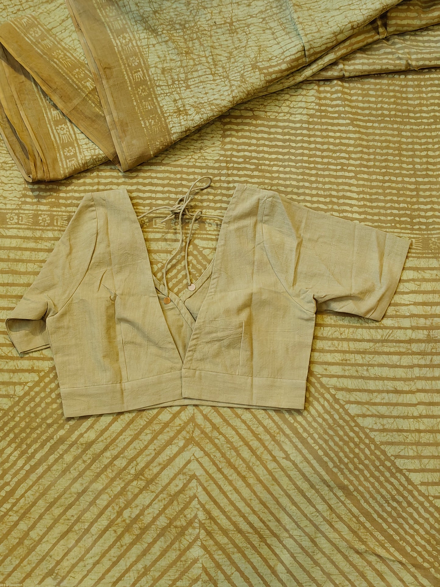Hand spun , hand woven cotton V-neck blouse with back dori - colour options available