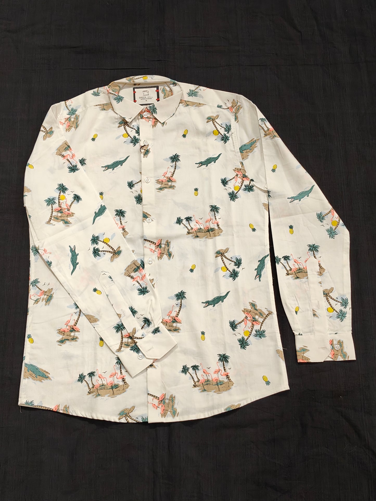 White with crocodile n trees prints cotton shirt for men
