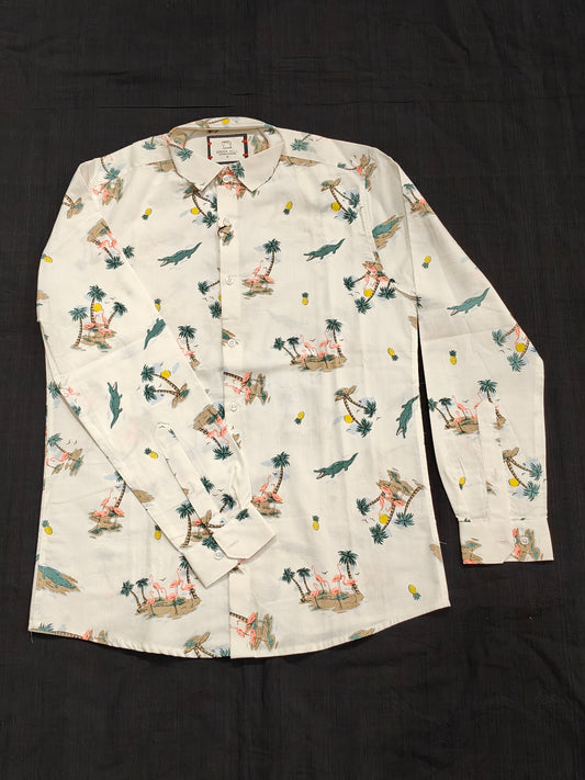 White with crocodile n trees prints cotton shirt for men