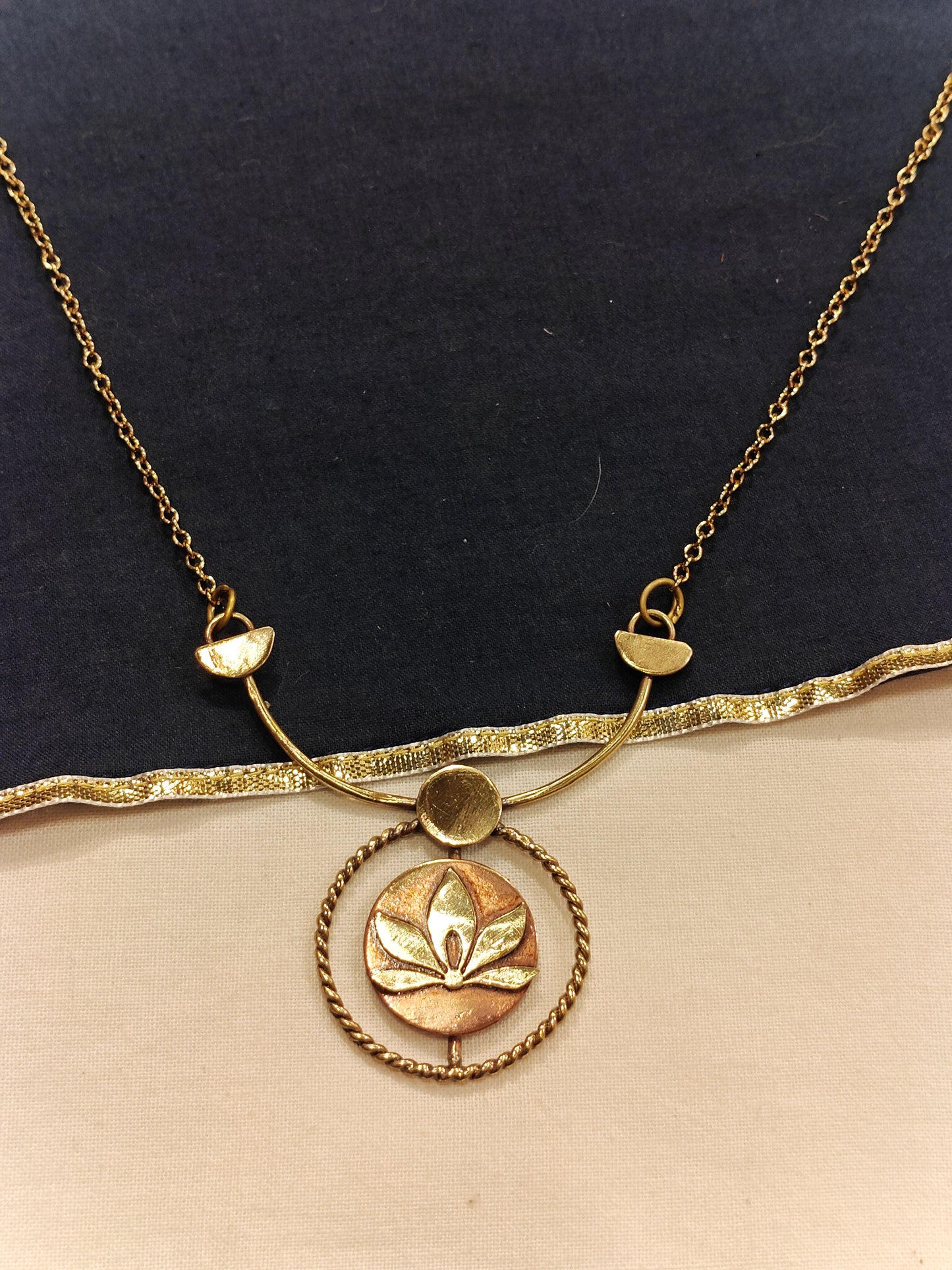 Lotus design pendant chain neckpiece handcrafted in copper and brass