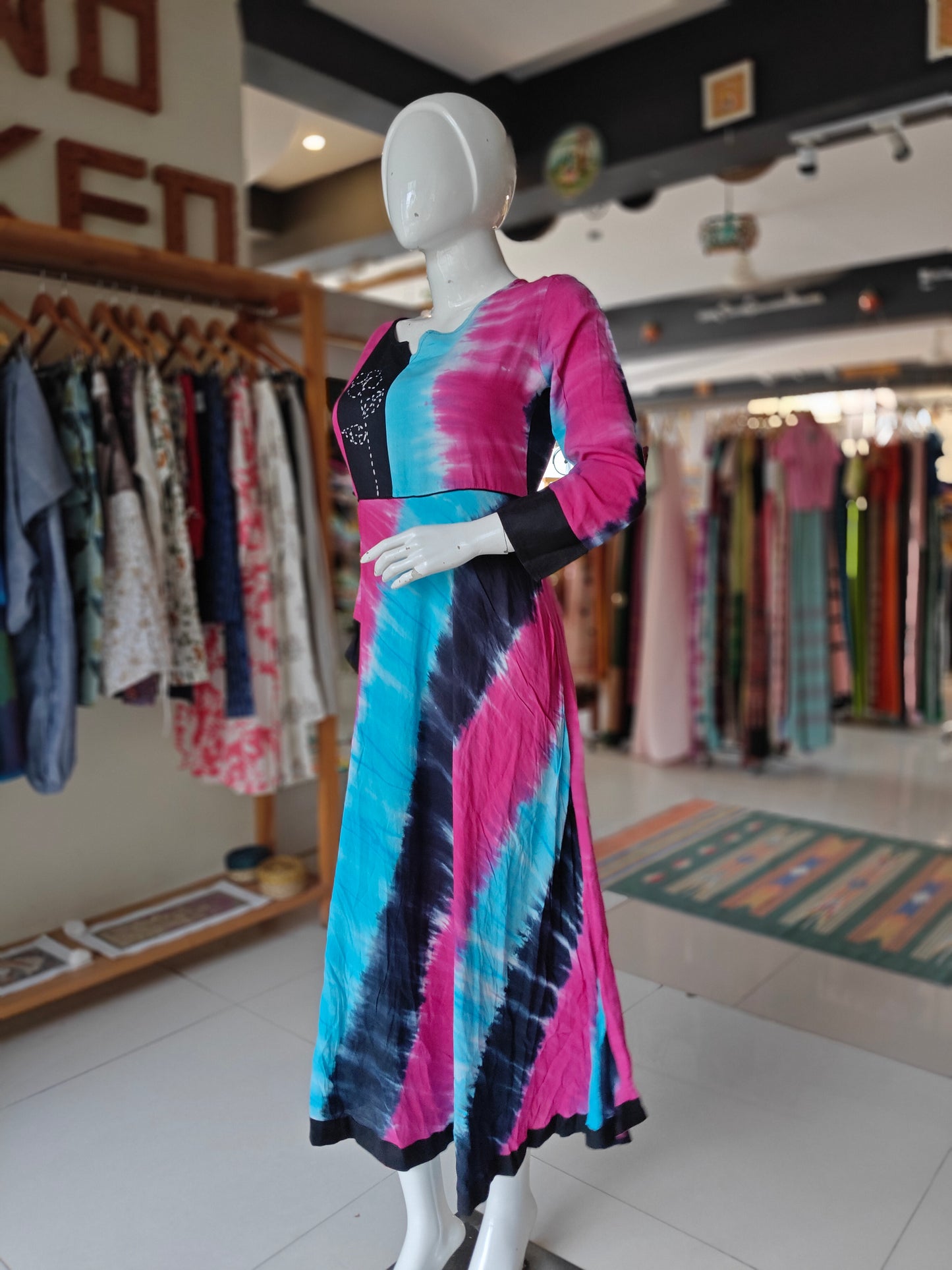 Pink, blue and black tie and dye rayon embroidered dress