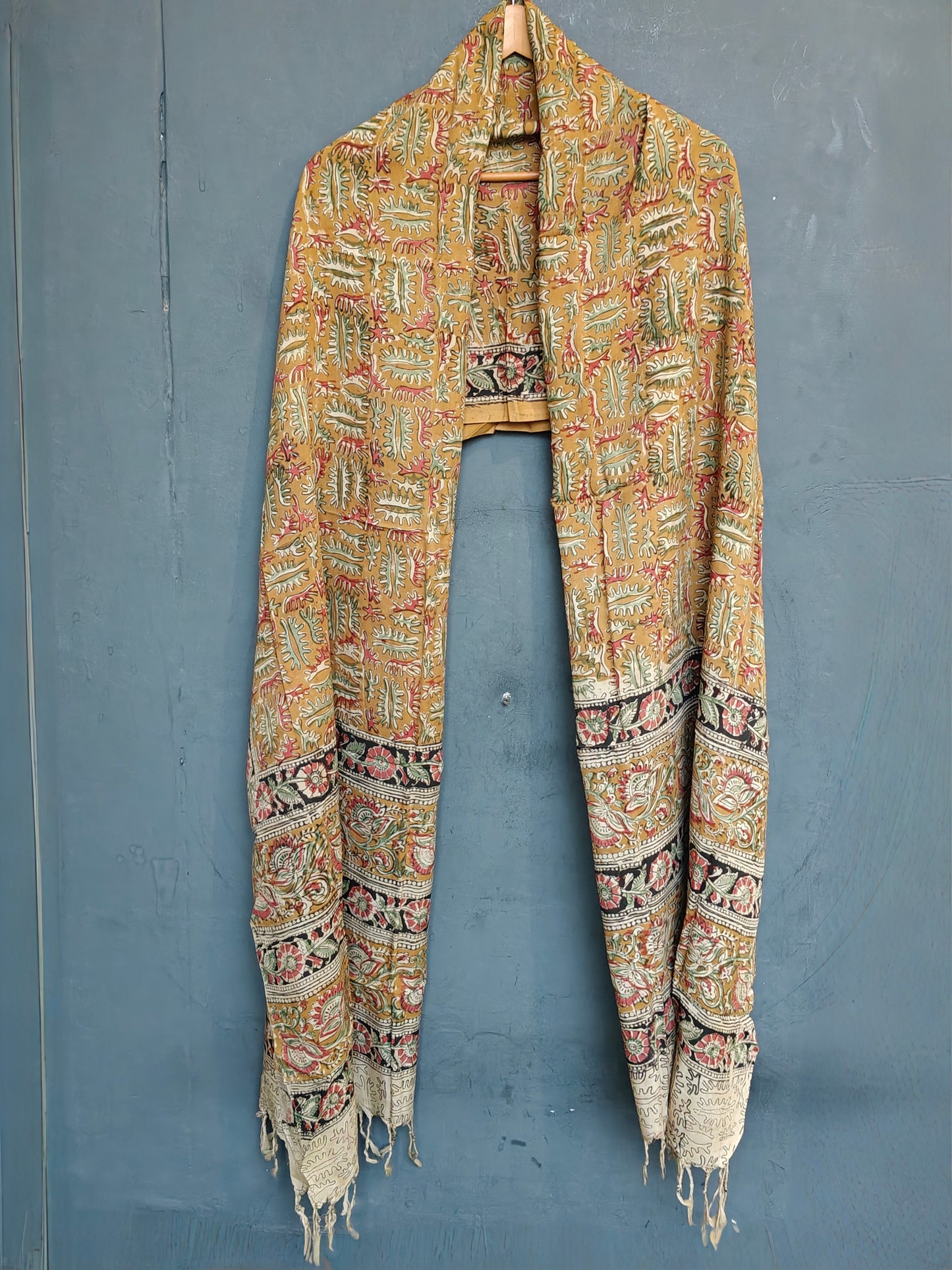 Mustard with leaves design  Kalamkari handpainted on silk dupatta