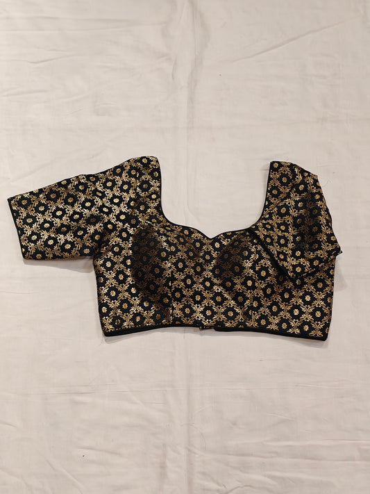 Golden floral prints on black katan silk blouse