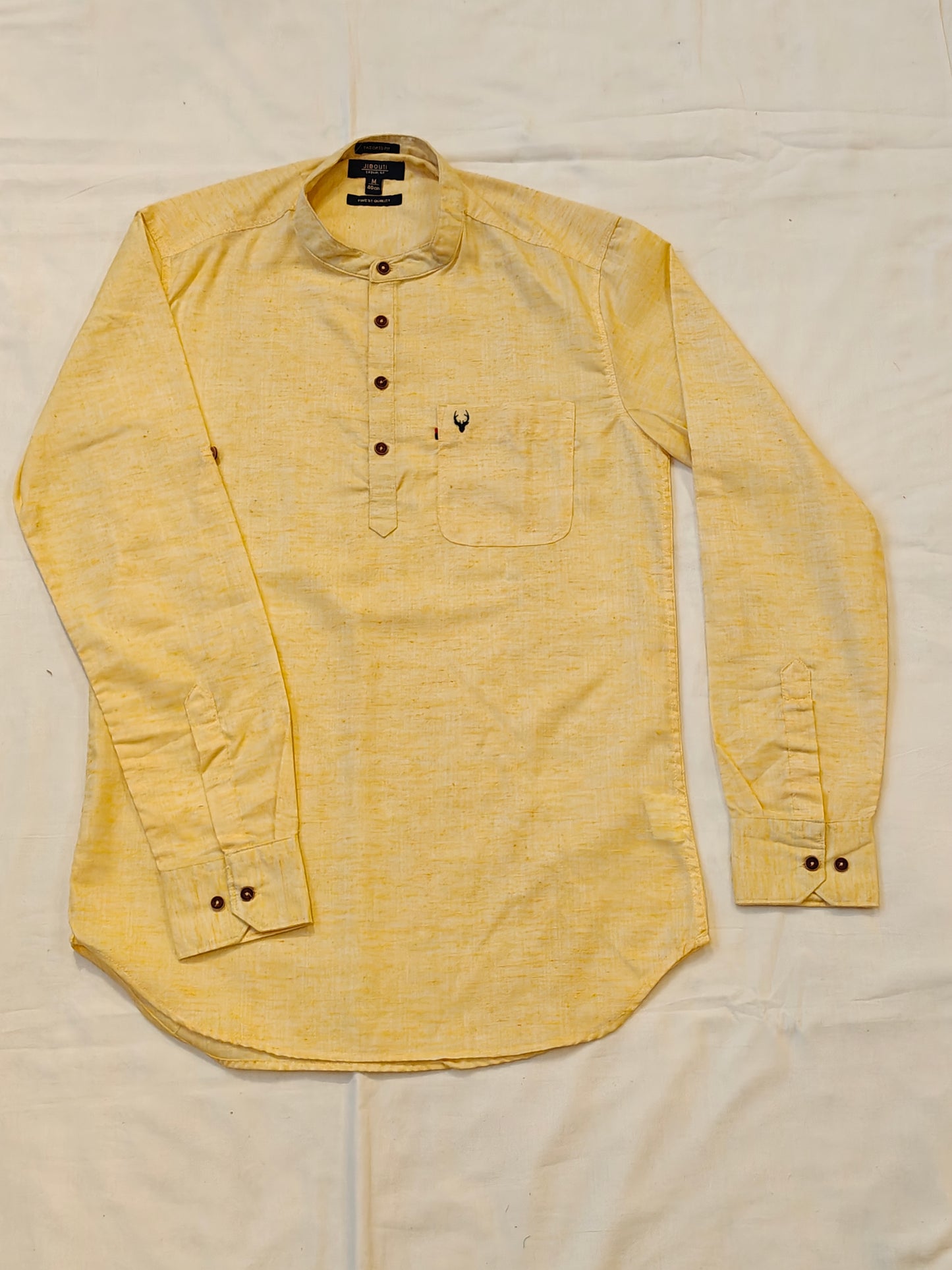 Yellow cotton full sleeved short kurta for men