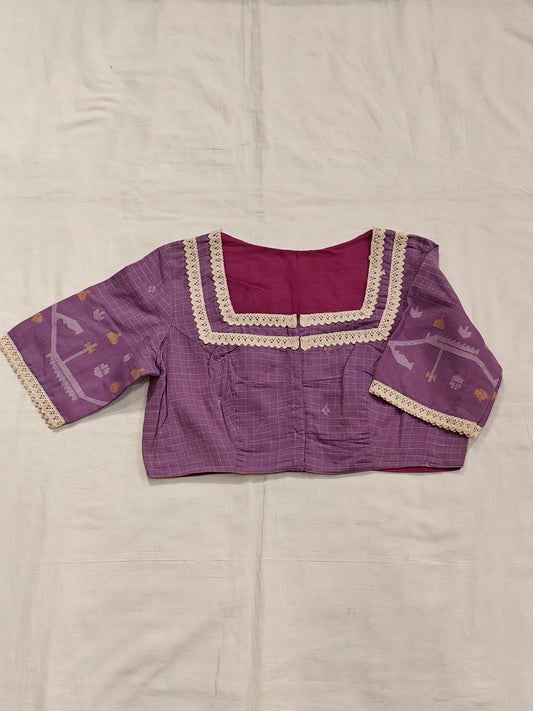 Purple Jamdani handloom cotton blouse with white lace trim