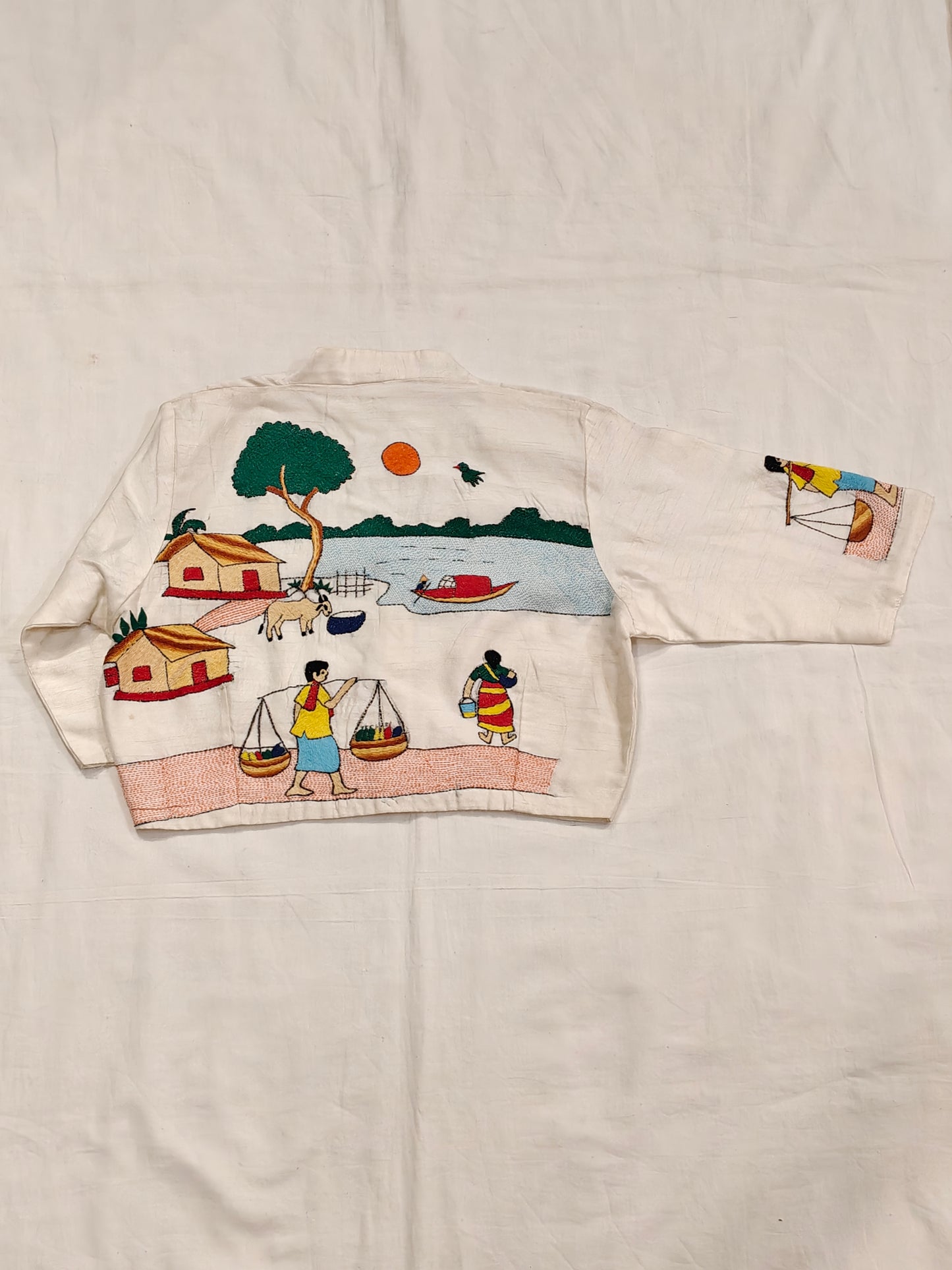 Village scene Kantha hand embroidery on off white silk - elbow sleeves blouse