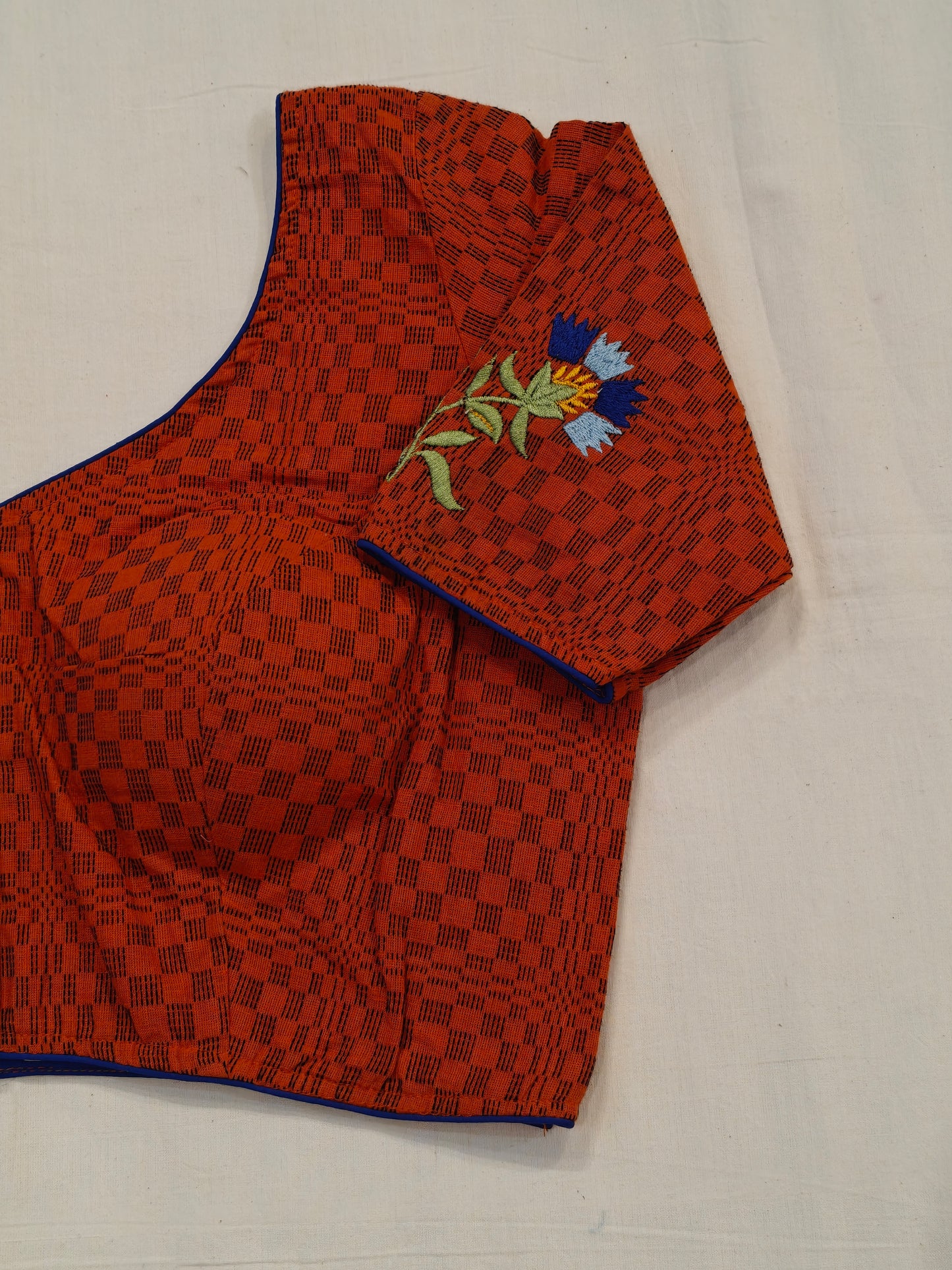 Cotton checkered blouse with floral embroidery, low back - color options available