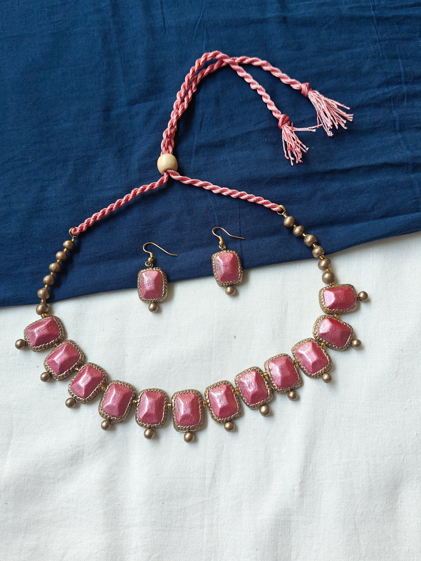 Pink and gold handcrafted, handpainted terracotta Neck piece and earrings set
