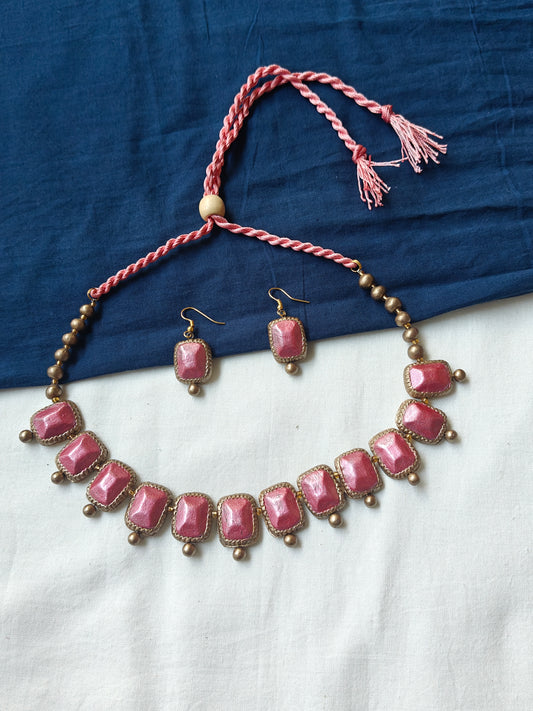 Pink and gold handcrafted, handpainted terracotta Neck piece and earrings set