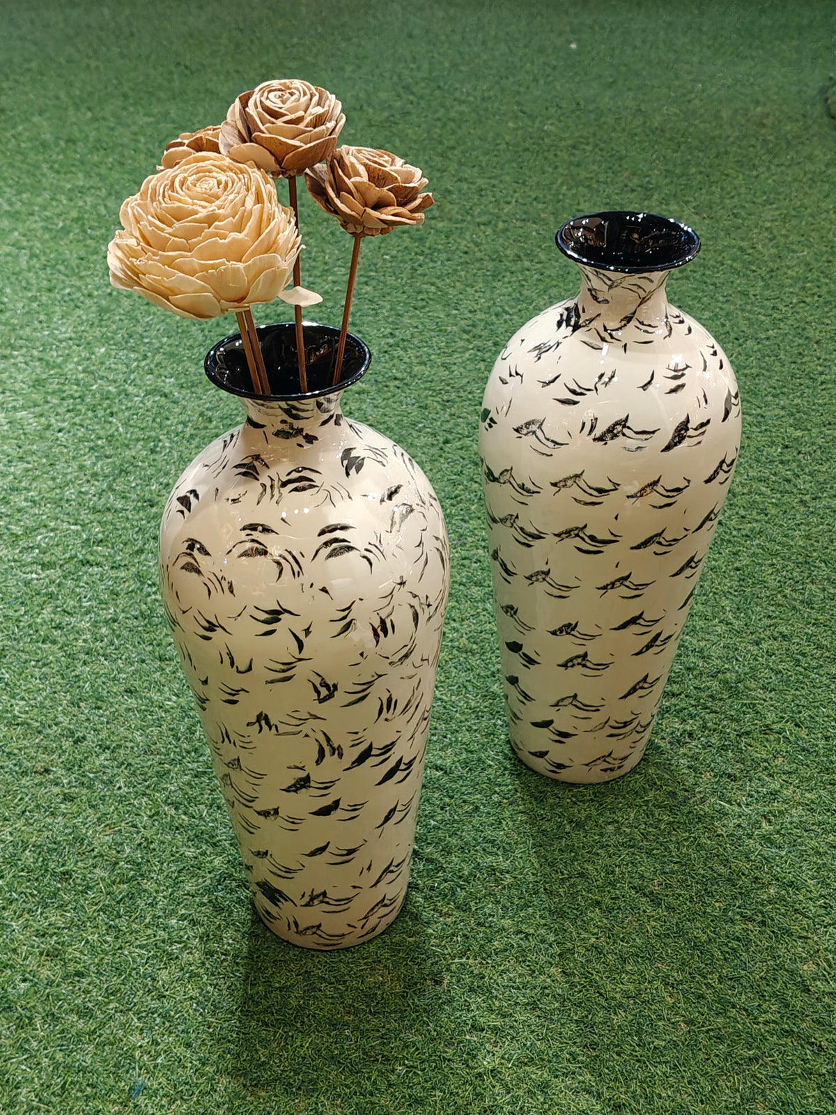 Cream (16.5 Inches) metal vase with black falling leaves printed