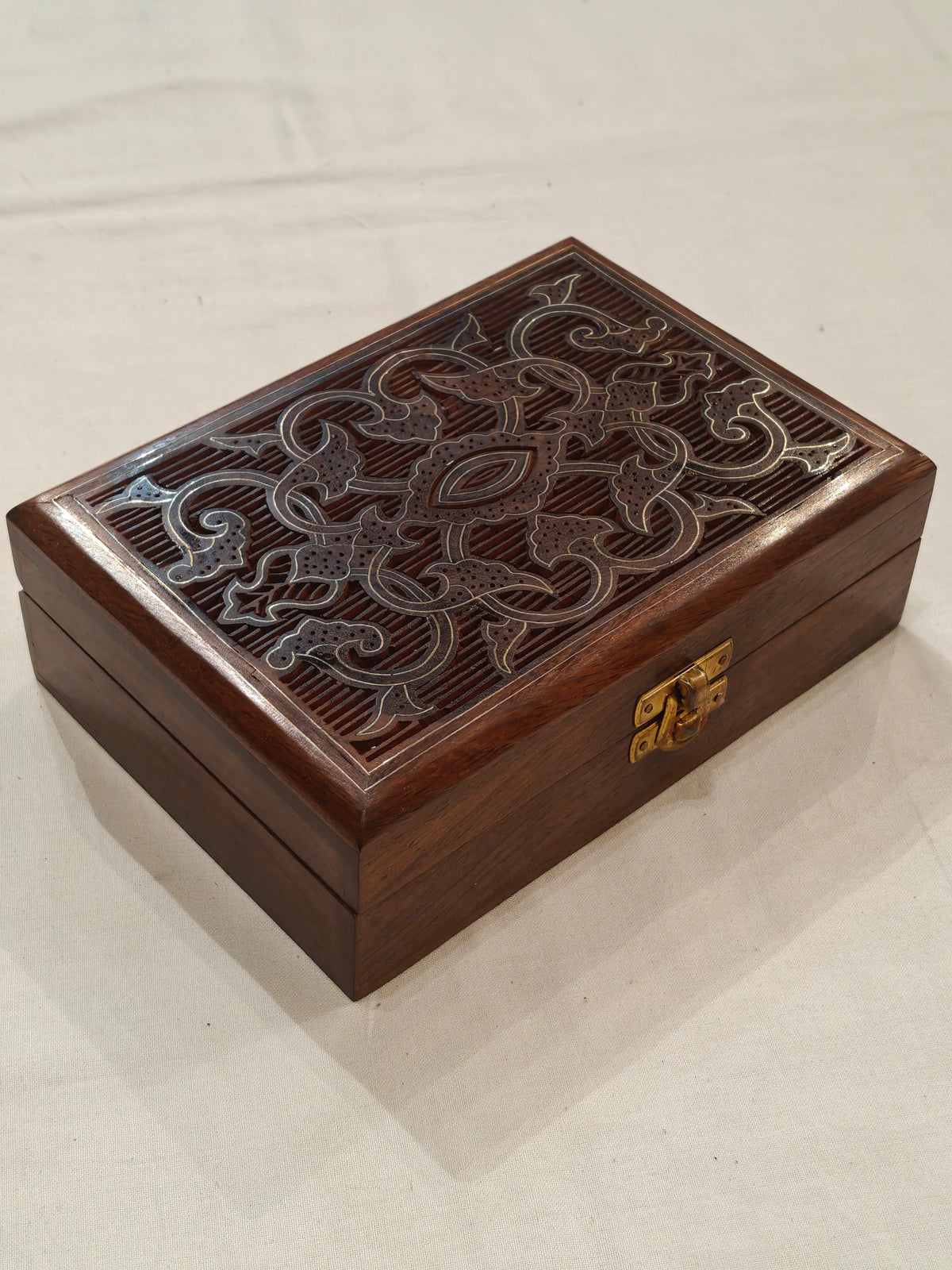 Brass inlay work wooden jewellery box - 7 × 5 × 2 Inches