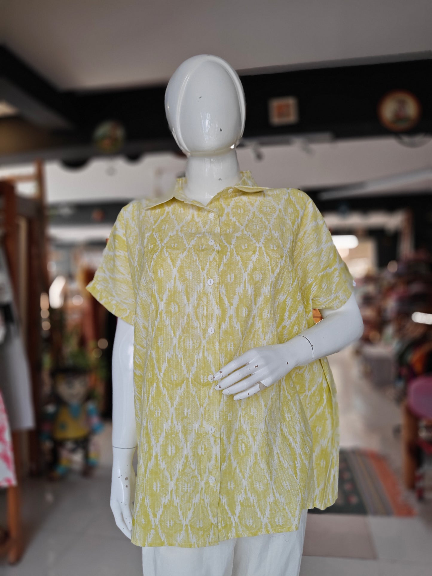 White and yellow relaxed fit cotton shirt