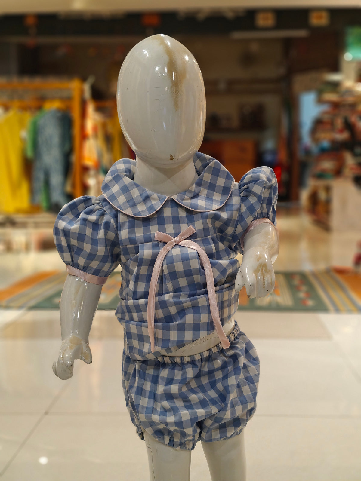 Blue n white checks with pink bow tie puffed sleeved frock with shorts - 2 piece set
