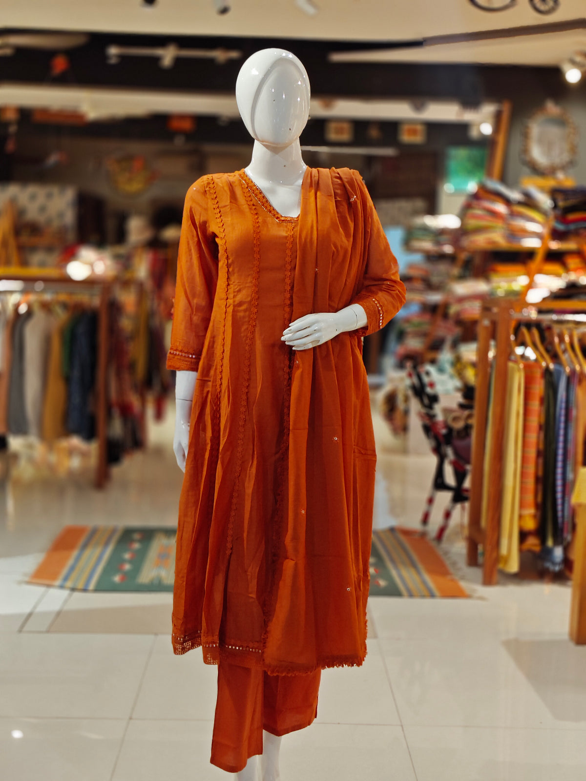 Rust Orange mul chanderi silk 3 piece set: a-line kurti, pants n dupatta