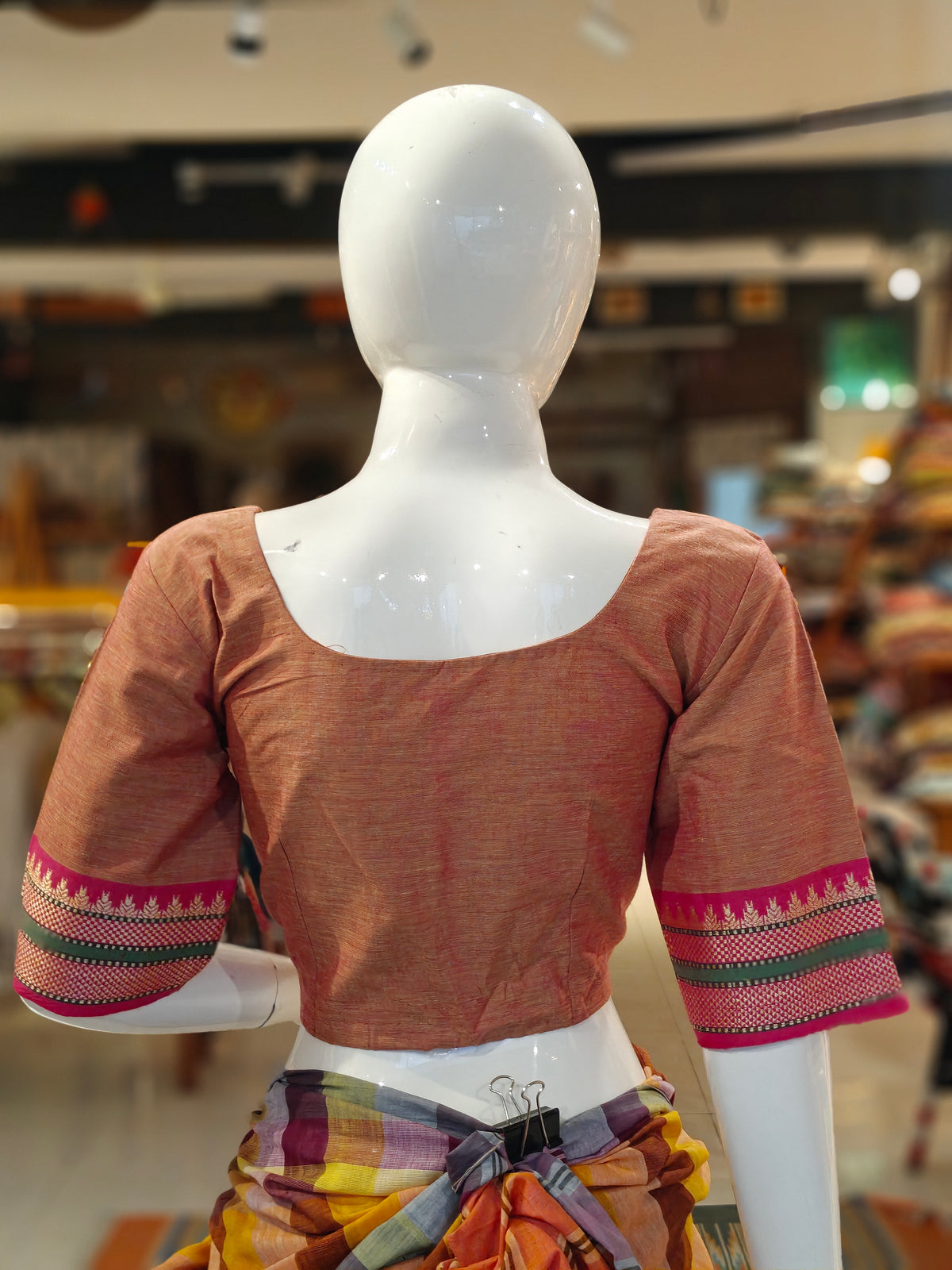 Copper red elbow sleeves cotton blouse with contrasting borders on sleeves