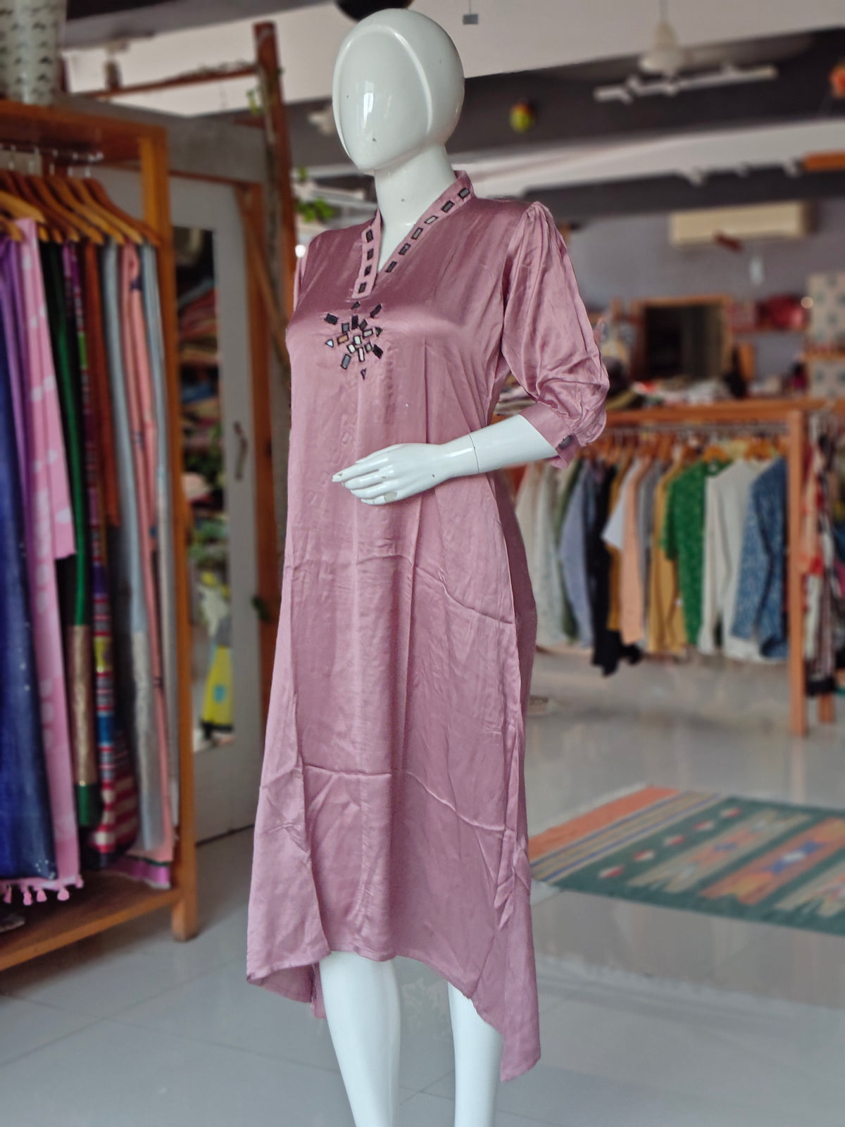 Dusty rose modal dress featuring V-neck and mirror embroidery