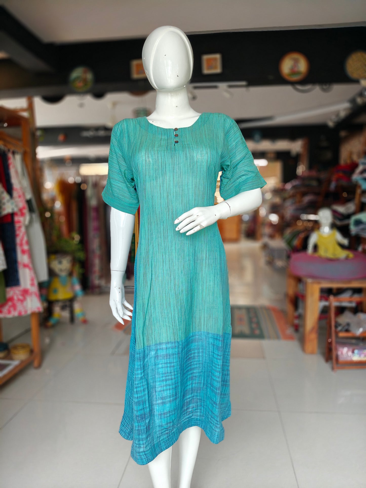 Green and blue hand woven cotton a-line dress / kurti