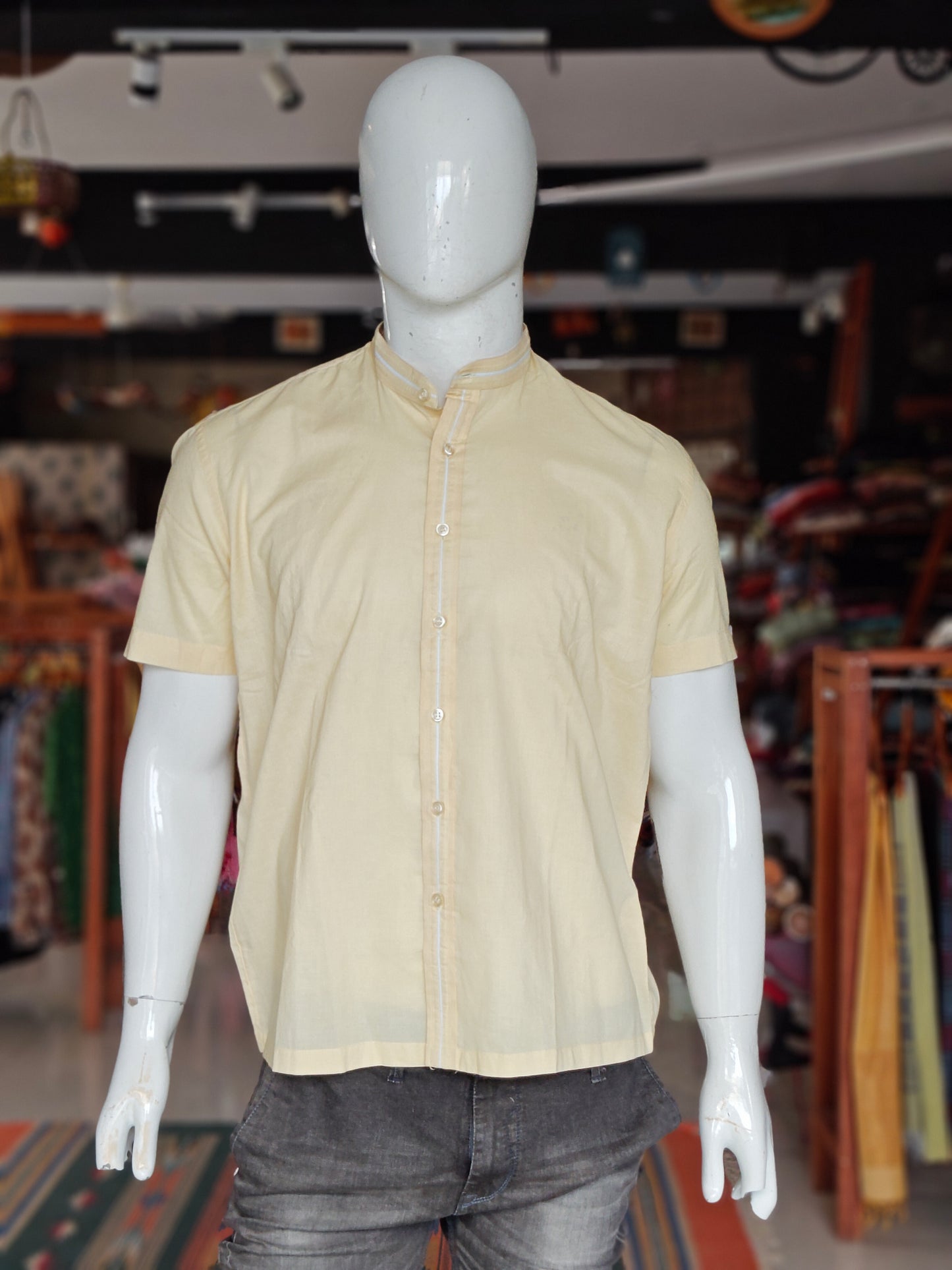 Light yellow cotton band collared casual shirt with white band in collar and button placket