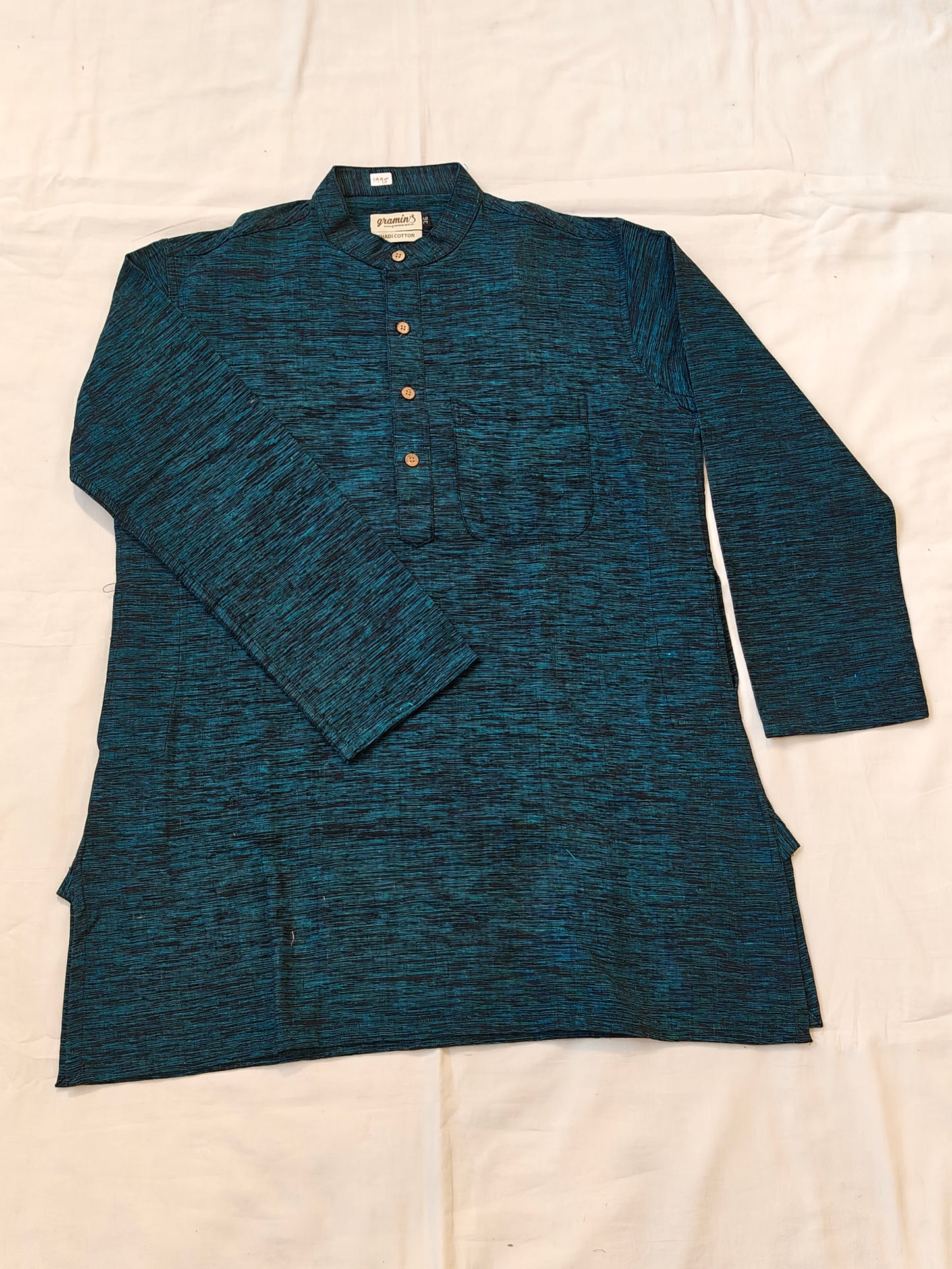 Teal and black textured thick cotton short kurta for men - hand spun, handwoven