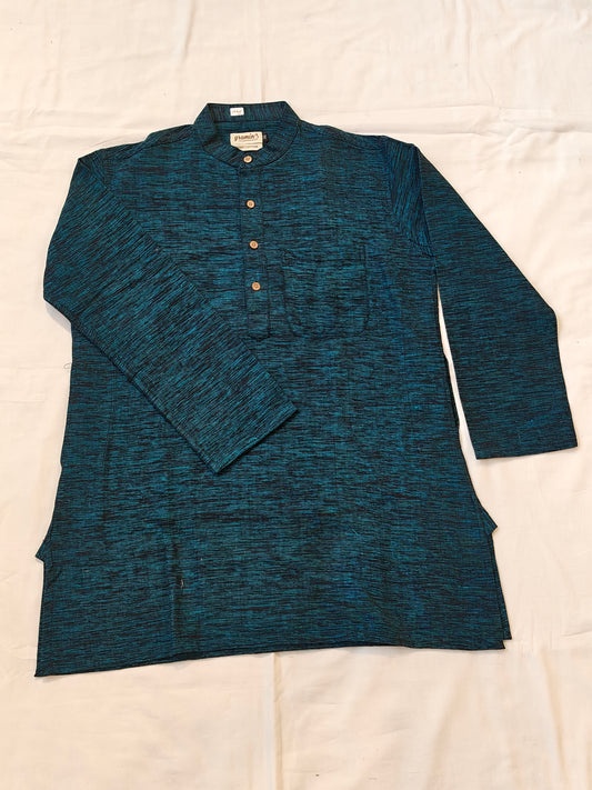 Teal and black textured thick cotton short kurta for men - hand spun, handwoven